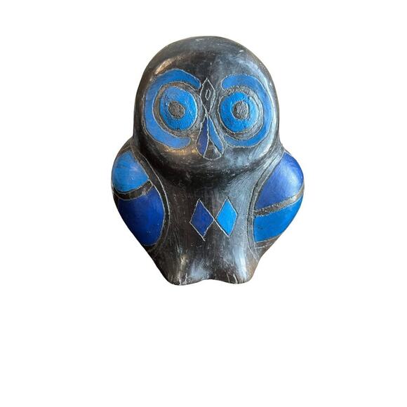 Handmade Mexican Clay/Pottery Etched Owl Blue and Black - Picture 1 of 6